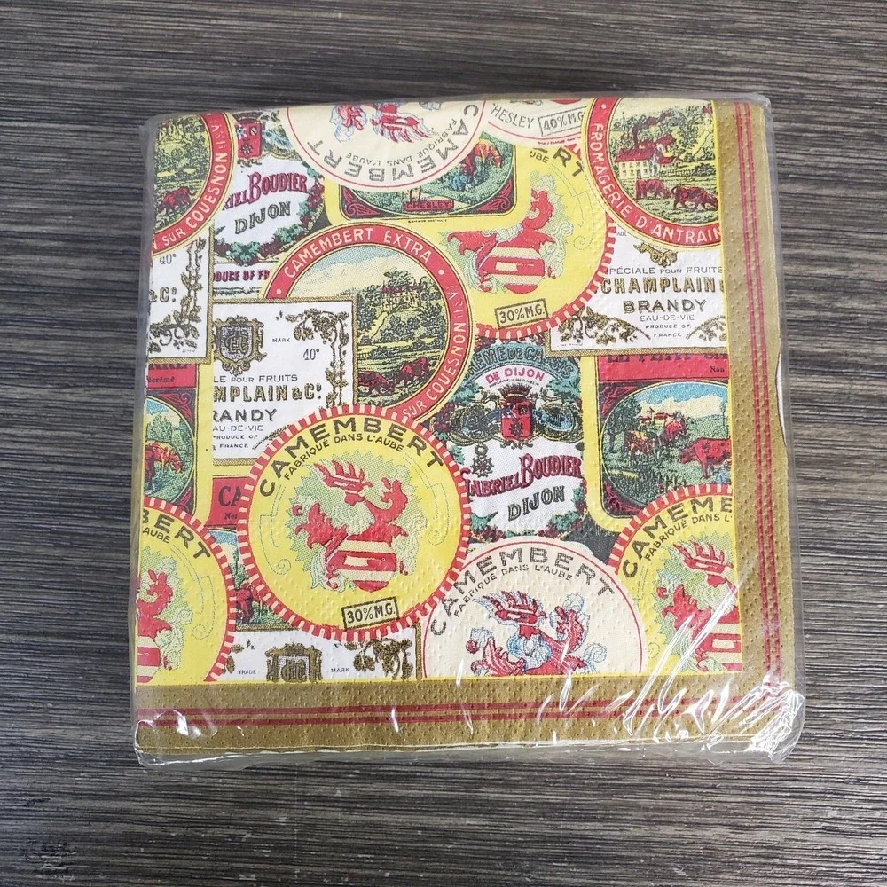 Blue Ink Studios Vintage Inspired Cheese & Beverage Themed Paper Napkins 40 ct